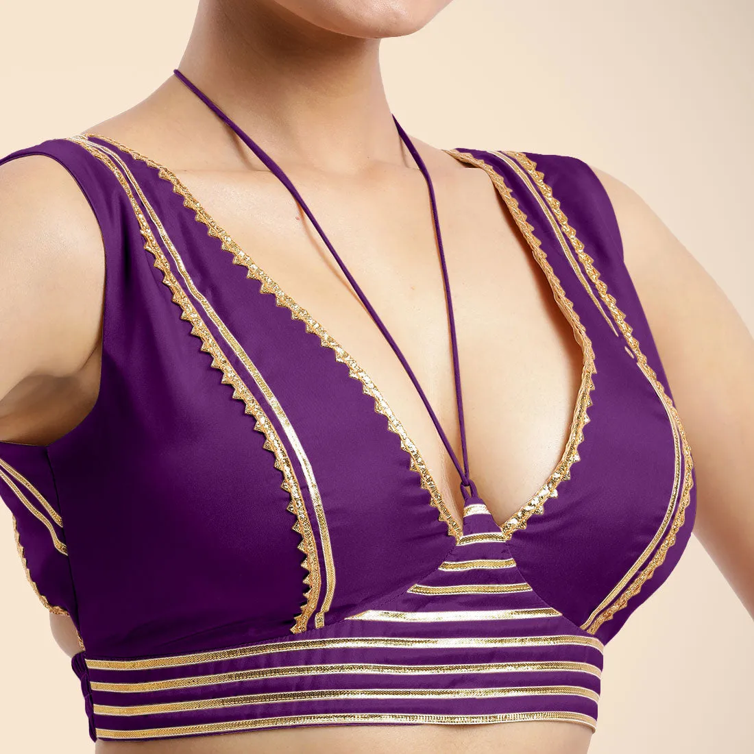 Ahana x Tyohaar | Purple Sleeveless FlexiFit™ Saree Blouse with Plunging Neckline and Back Cut Out with Tasteful Golden Gota Lace Embellishment