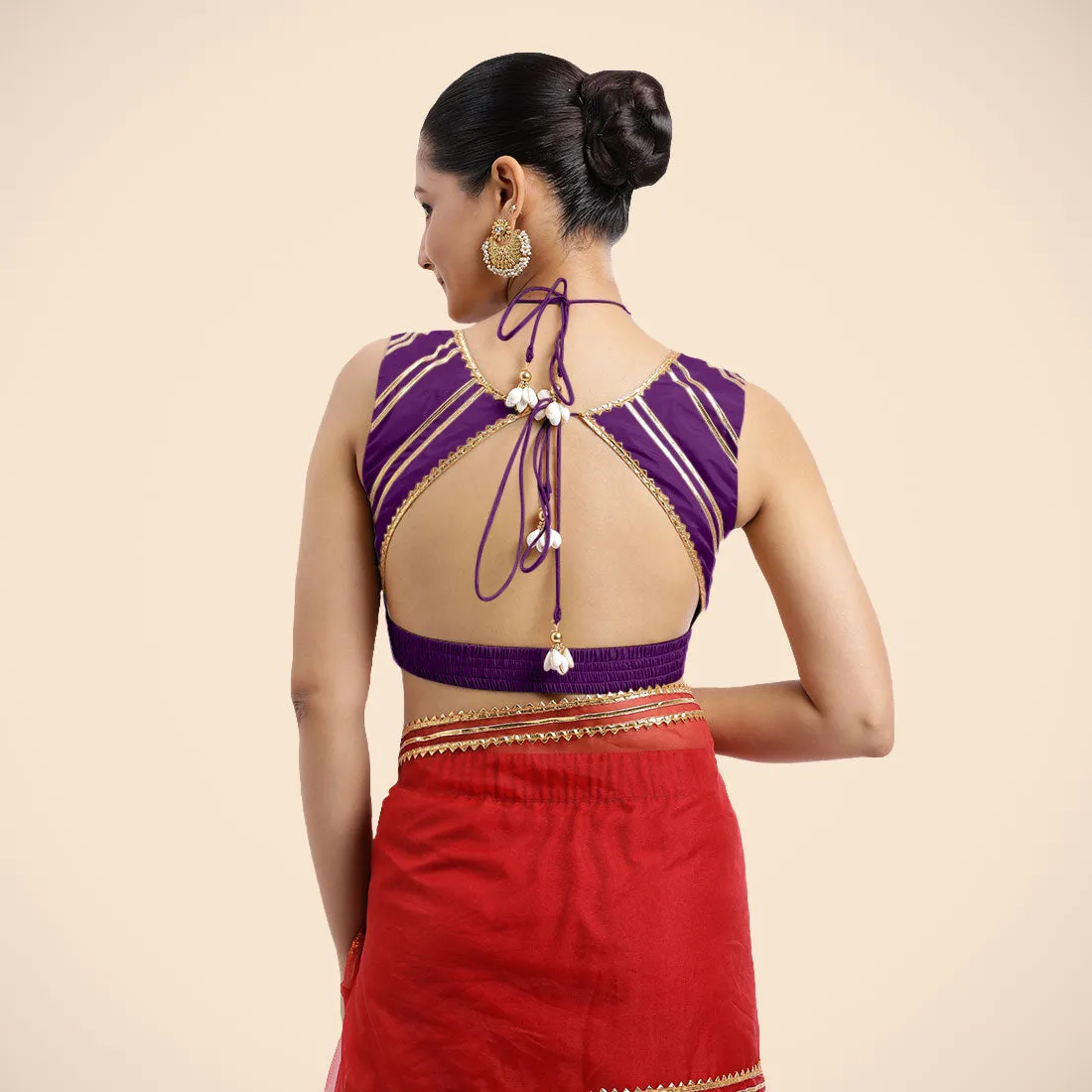 Ahana x Tyohaar | Purple Sleeveless FlexiFit™ Saree Blouse with Plunging Neckline and Back Cut Out with Tasteful Golden Gota Lace Embellishment