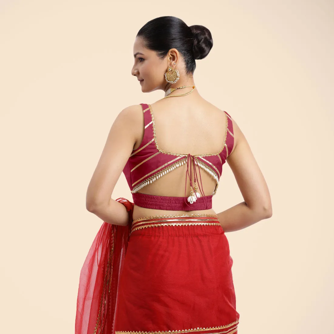 Arya x Tyohaar | Rani Pink Sleeveless FlexiFit™ Saree Blouse with Square Neck and Back Window Embeliished with Golden Gota and Pearl Lace