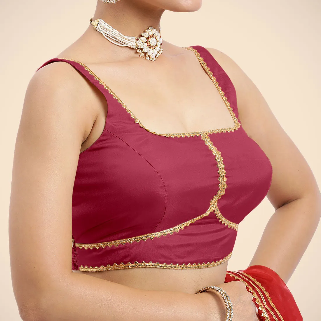 Arya x Tyohaar | Rani Pink Sleeveless FlexiFit™ Saree Blouse with Square Neck and Back Window Embeliished with Golden Gota and Pearl Lace