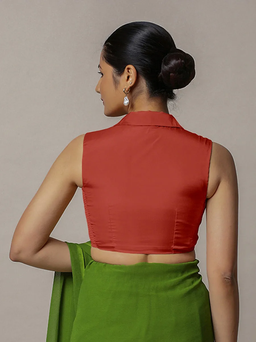 Avni x Rozaana | Crimson Red Sleeveless FlexiFit™ Saree Blouse with Elegant Shawl Collar