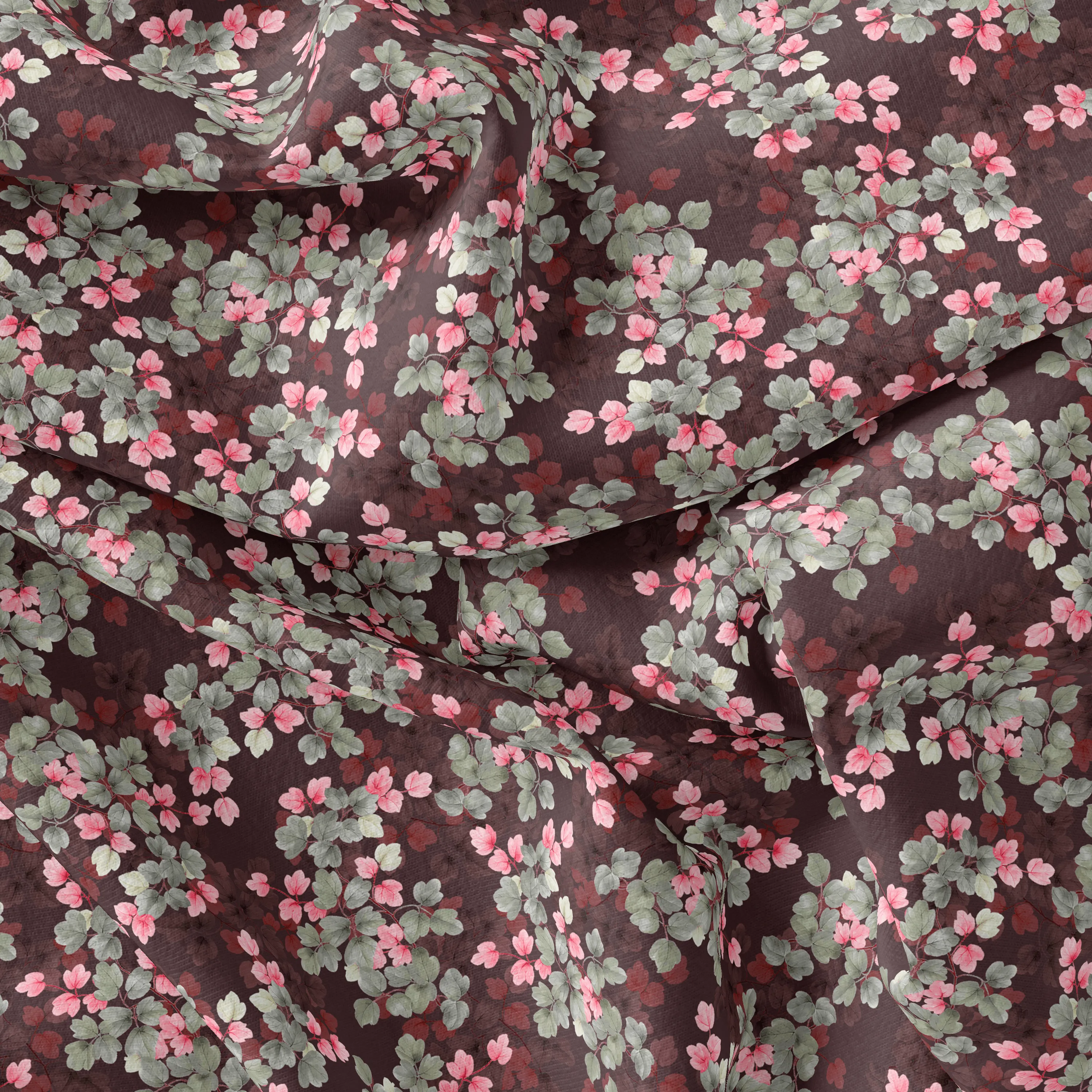 Beautiful Pink With Grey Leaves Digital Printed Fabric - Poly Muslin