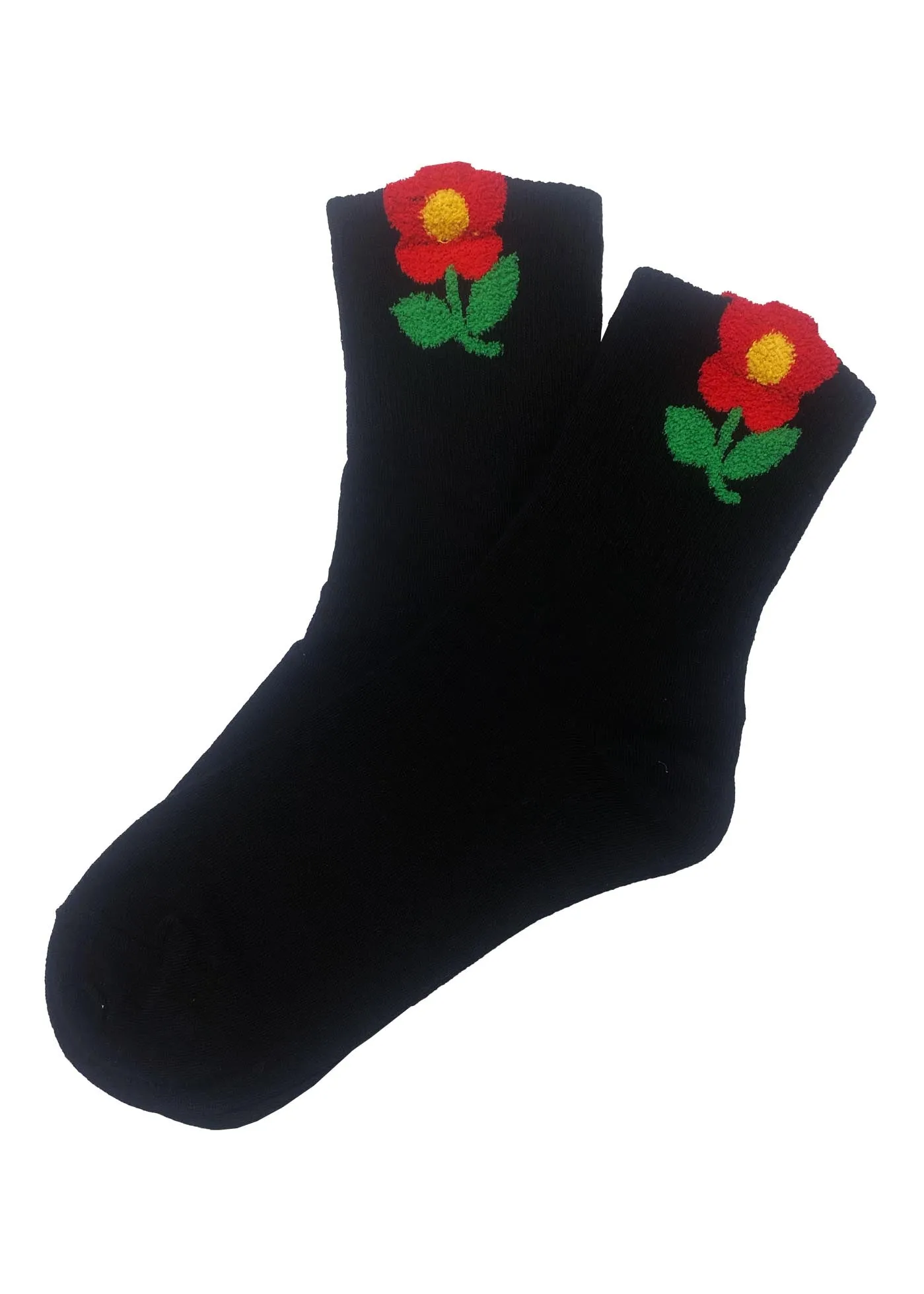 Black Ankle Socks with Red Flower