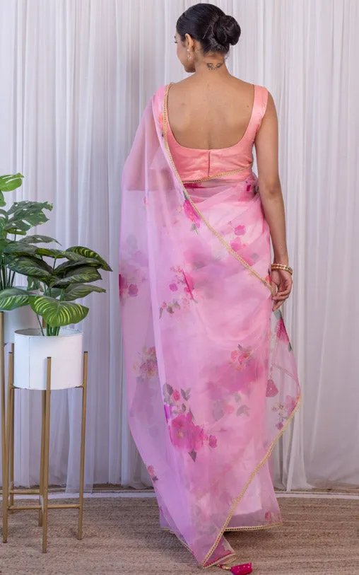 Blush Pink Floral Organza Saree