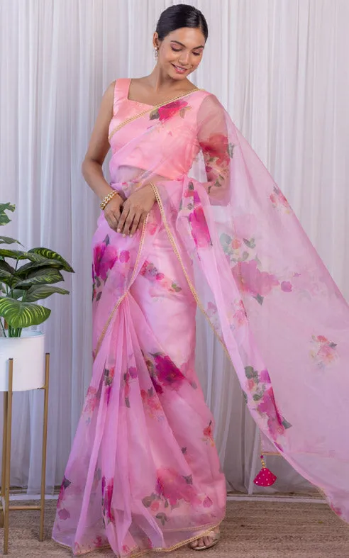 Blush Pink Floral Organza Saree