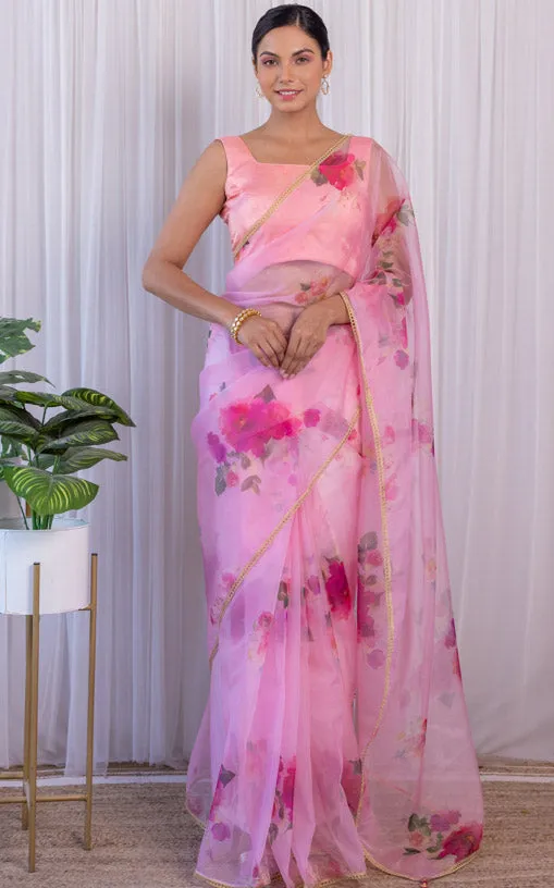 Blush Pink Floral Organza Saree