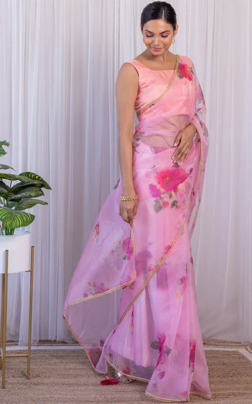 Blush Pink Floral Organza Saree