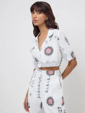 Bombay Paisley White Embroidered Cotton Blend Cropped Shirt