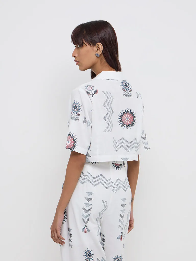 Bombay Paisley White Embroidered Cotton Blend Cropped Shirt