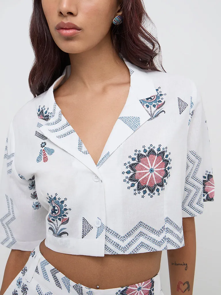 Bombay Paisley White Embroidered Cotton Blend Cropped Shirt