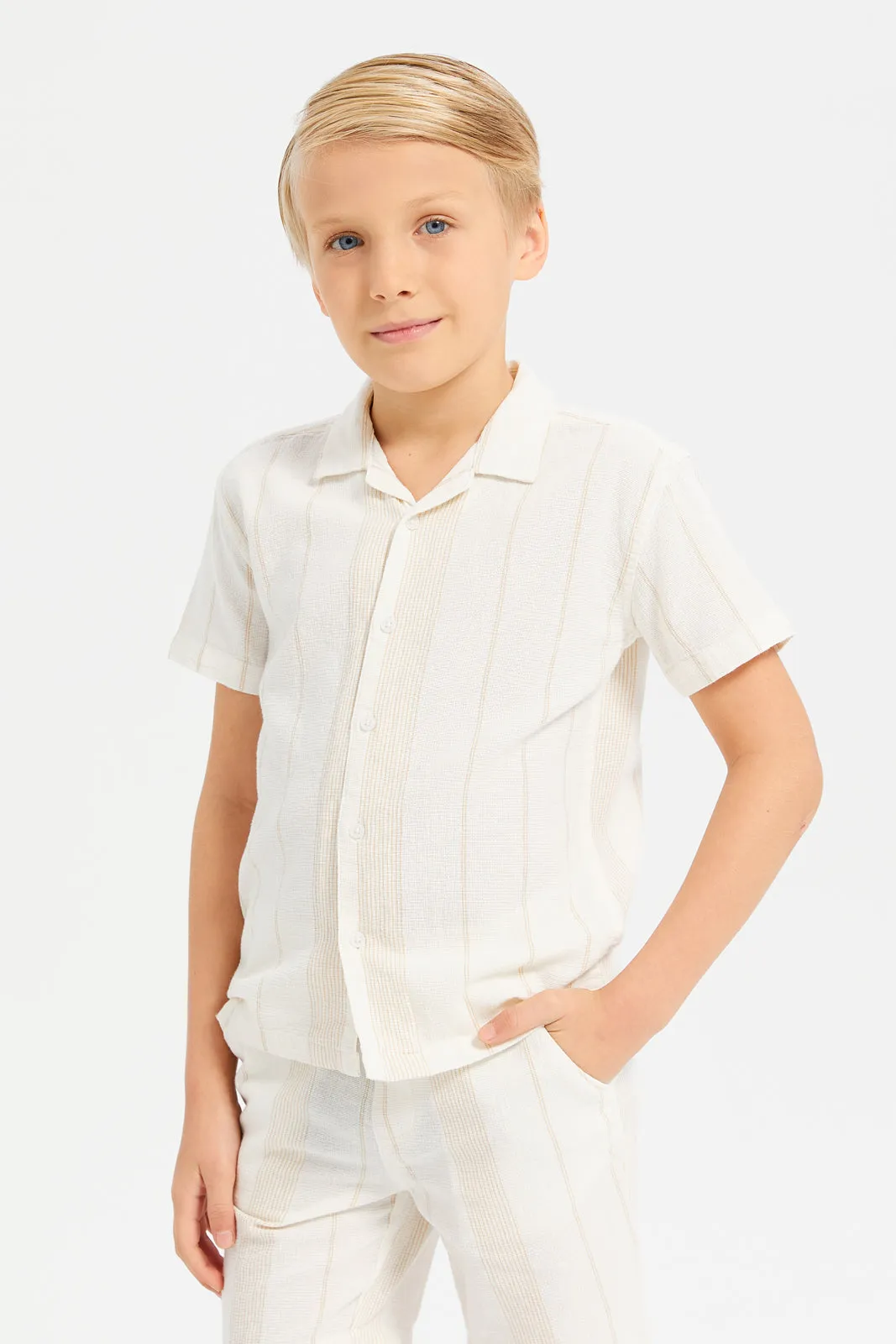 Boys Beige Resort Collar Oversized Shirt With Shorts Set (2 Piece)