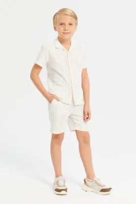 Boys Beige Resort Collar Oversized Shirt With Shorts Set (2 Piece)