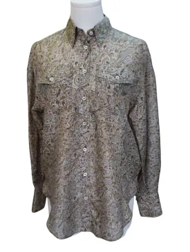 Brunello Cucinelli Brown Green Paisley Pattern Button Down Silk Shirt with Bead Embellishment Detail