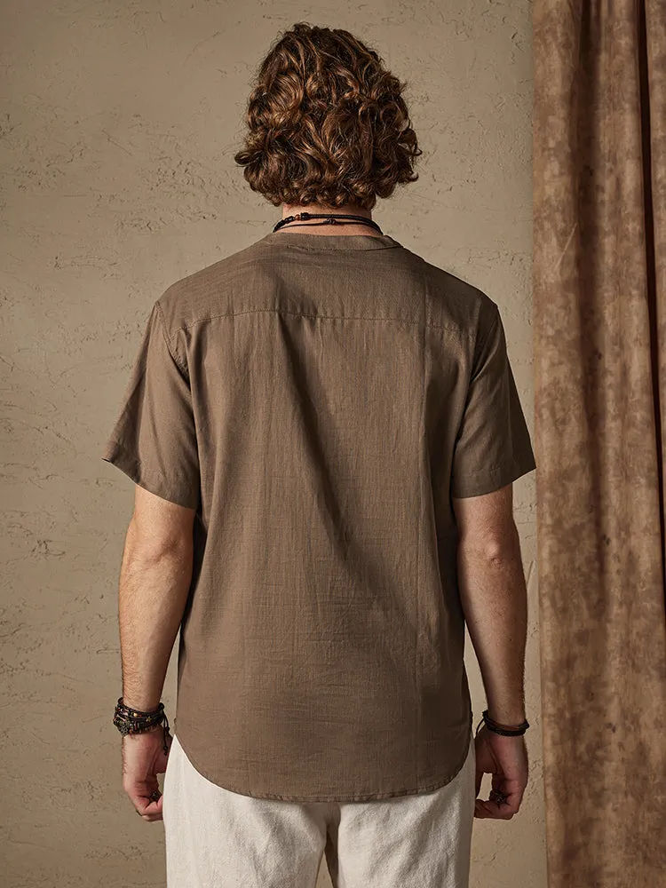 Casual Cotton and Linen Henley Shirt with Pocket