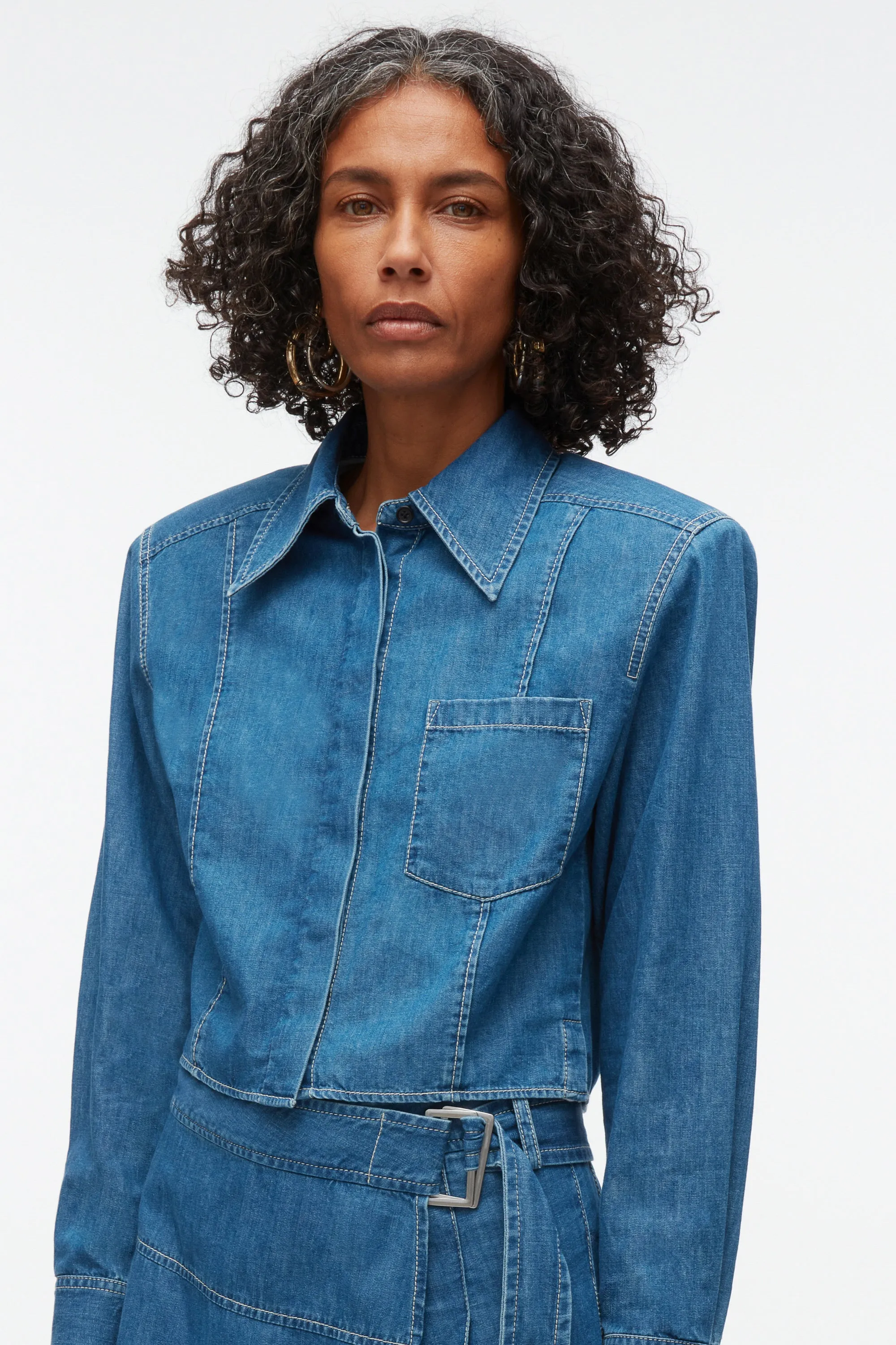 Chambray Cropped Shirt with Shoulder Pads