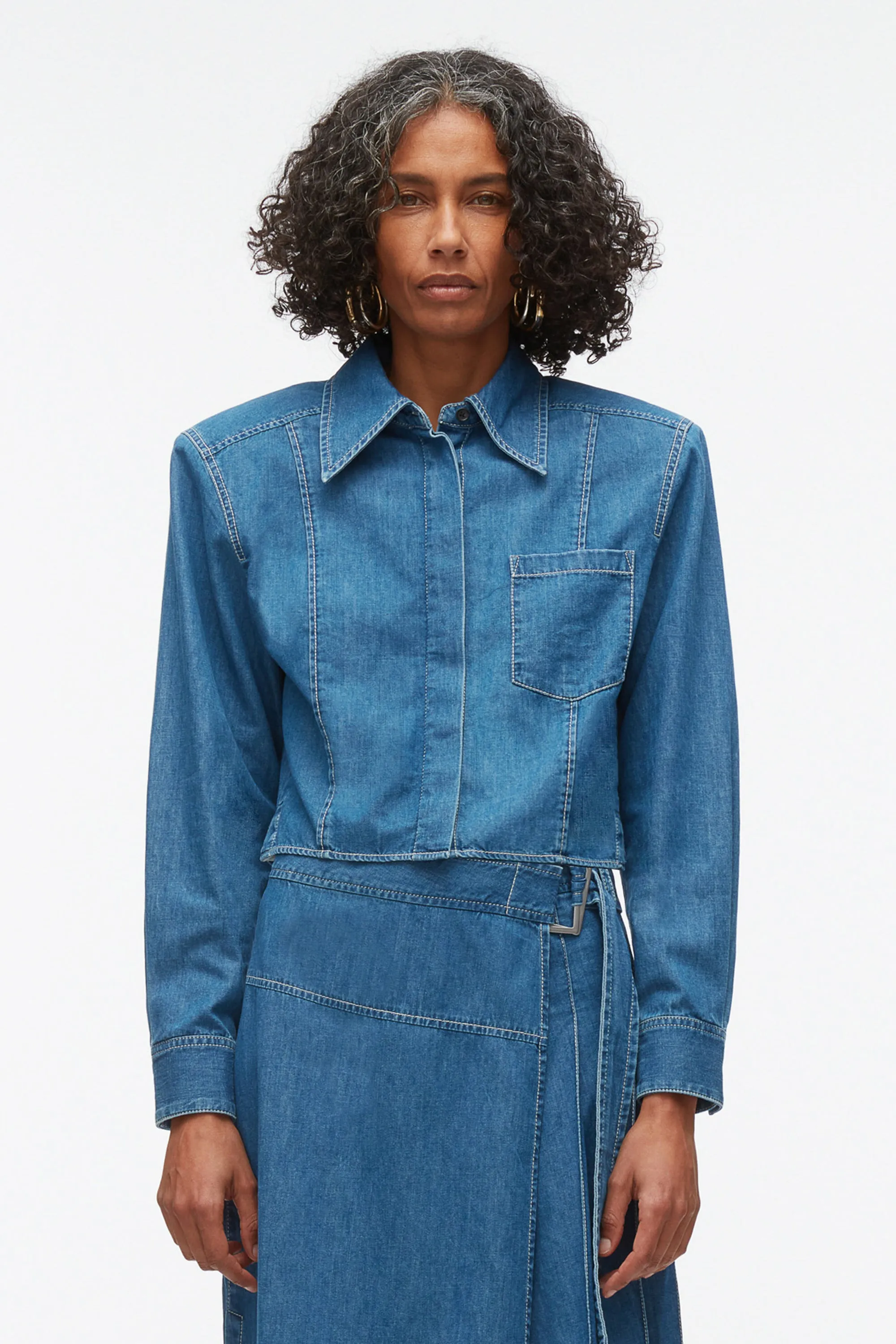 Chambray Cropped Shirt with Shoulder Pads