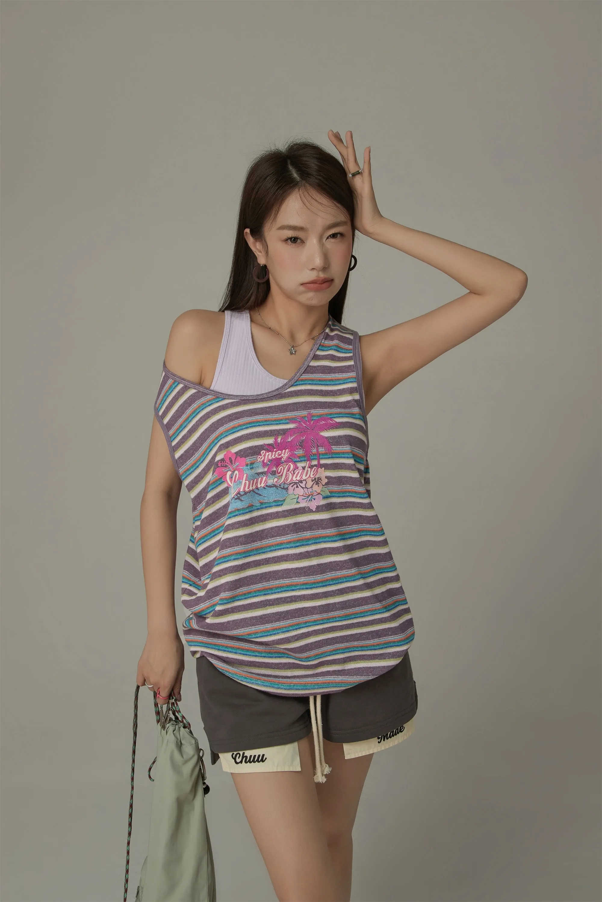 Chuu Baby Printed Design Striped Sleeveless Oversized T-Shirt