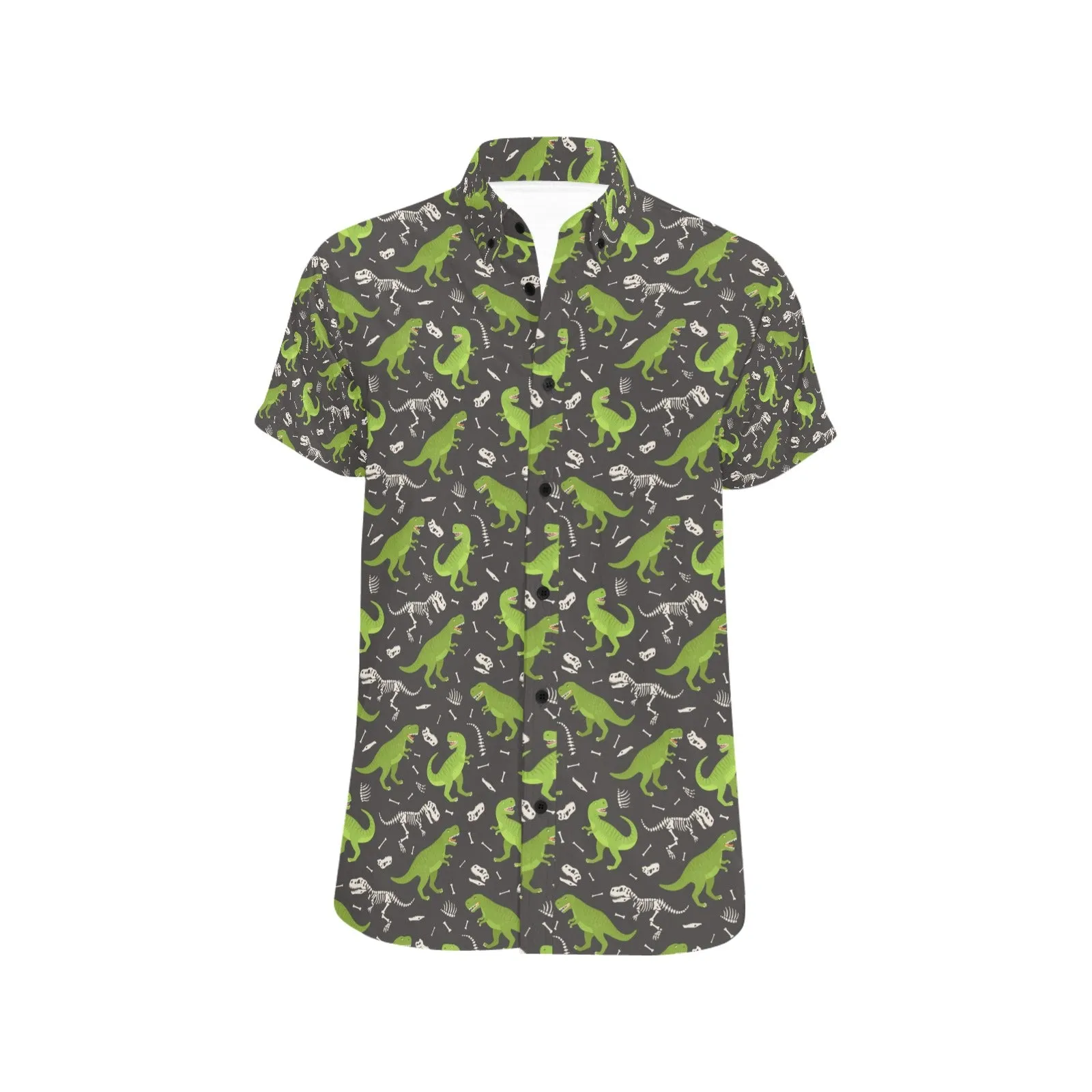 Dinosaur Short Sleeve Men Button Up Shirt, Dino Skeleton Green Print Casual Buttoned Down Summer Dress Shirt Gift Husband