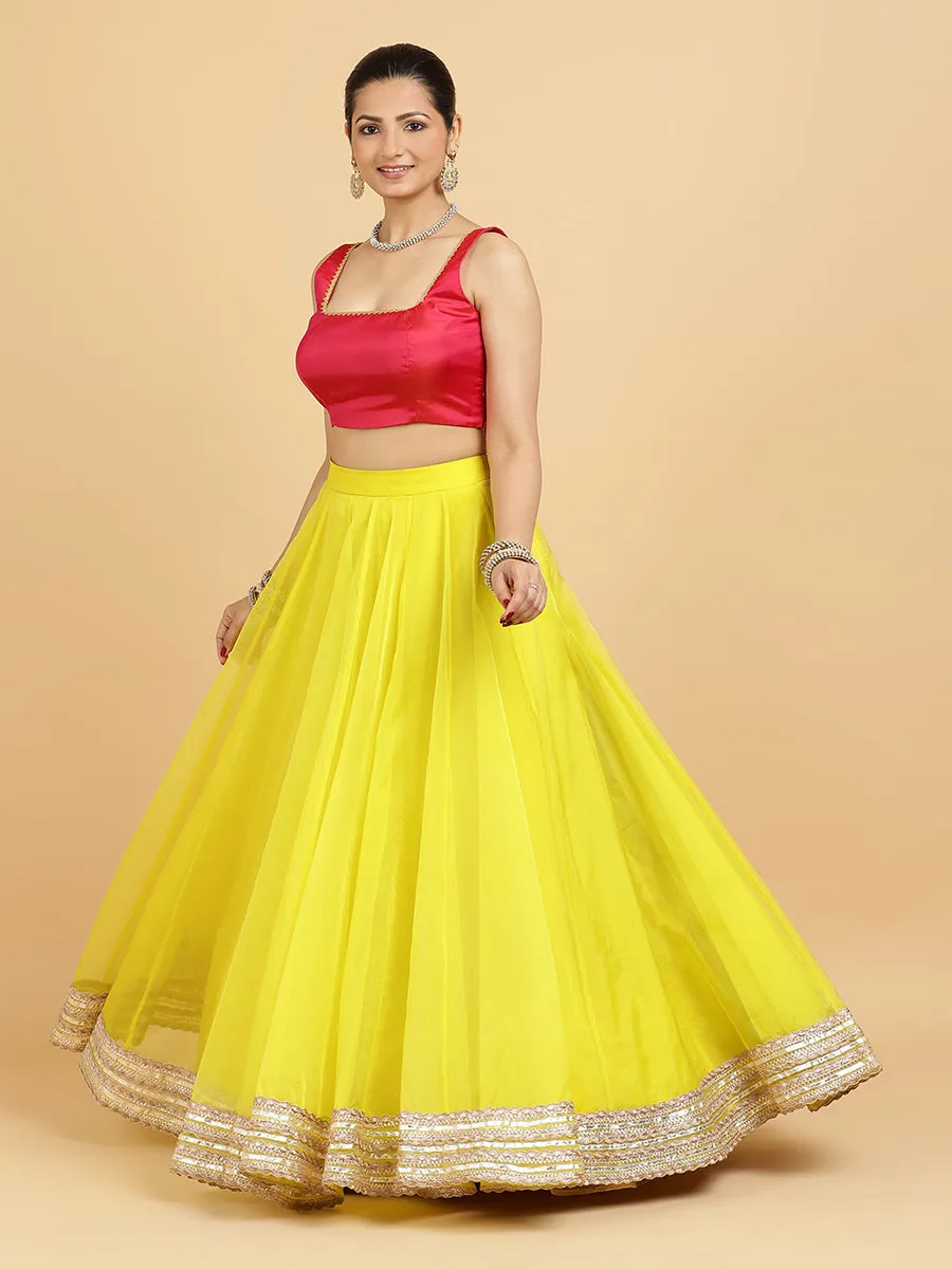 Farah Zeba 4-Pc Lehenga Set x Tyohaar | Lemon Yellow Lehenga, Rani Pink Blouse with Panna Emerald Green Dupatta and Cancan Skirt