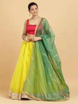 Farah Zeba 4-Pc Lehenga Set x Tyohaar | Lemon Yellow Lehenga, Rani Pink Blouse with Panna Emerald Green Dupatta and Cancan Skirt