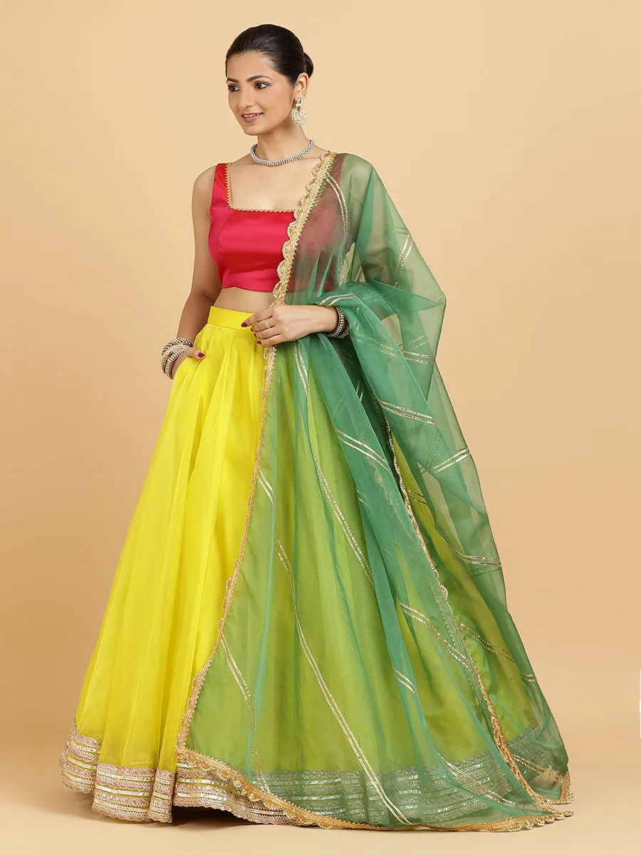 Farah Zeba 4-Pc Lehenga Set x Tyohaar | Lemon Yellow Lehenga, Rani Pink Blouse with Panna Emerald Green Dupatta and Cancan Skirt