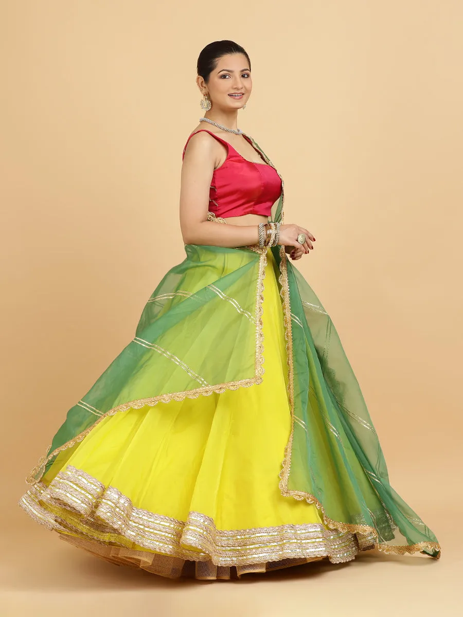 Farah Zeba 4-Pc Lehenga Set x Tyohaar | Lemon Yellow Lehenga, Rani Pink Blouse with Panna Emerald Green Dupatta and Cancan Skirt