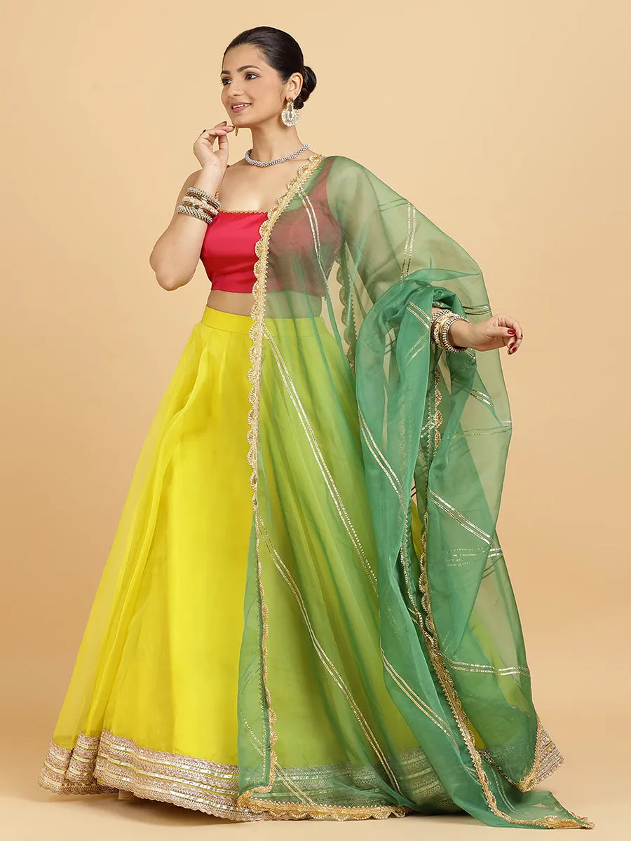 Farah Zeba 4-Pc Lehenga Set x Tyohaar | Lemon Yellow Lehenga, Rani Pink Blouse with Panna Emerald Green Dupatta and Cancan Skirt