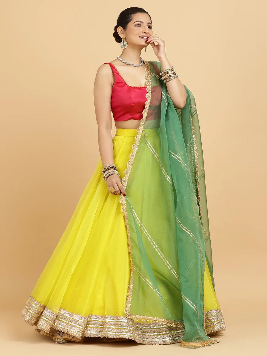 Farah Zeba 4-Pc Lehenga Set x Tyohaar | Lemon Yellow Lehenga, Rani Pink Blouse with Panna Emerald Green Dupatta and Cancan Skirt