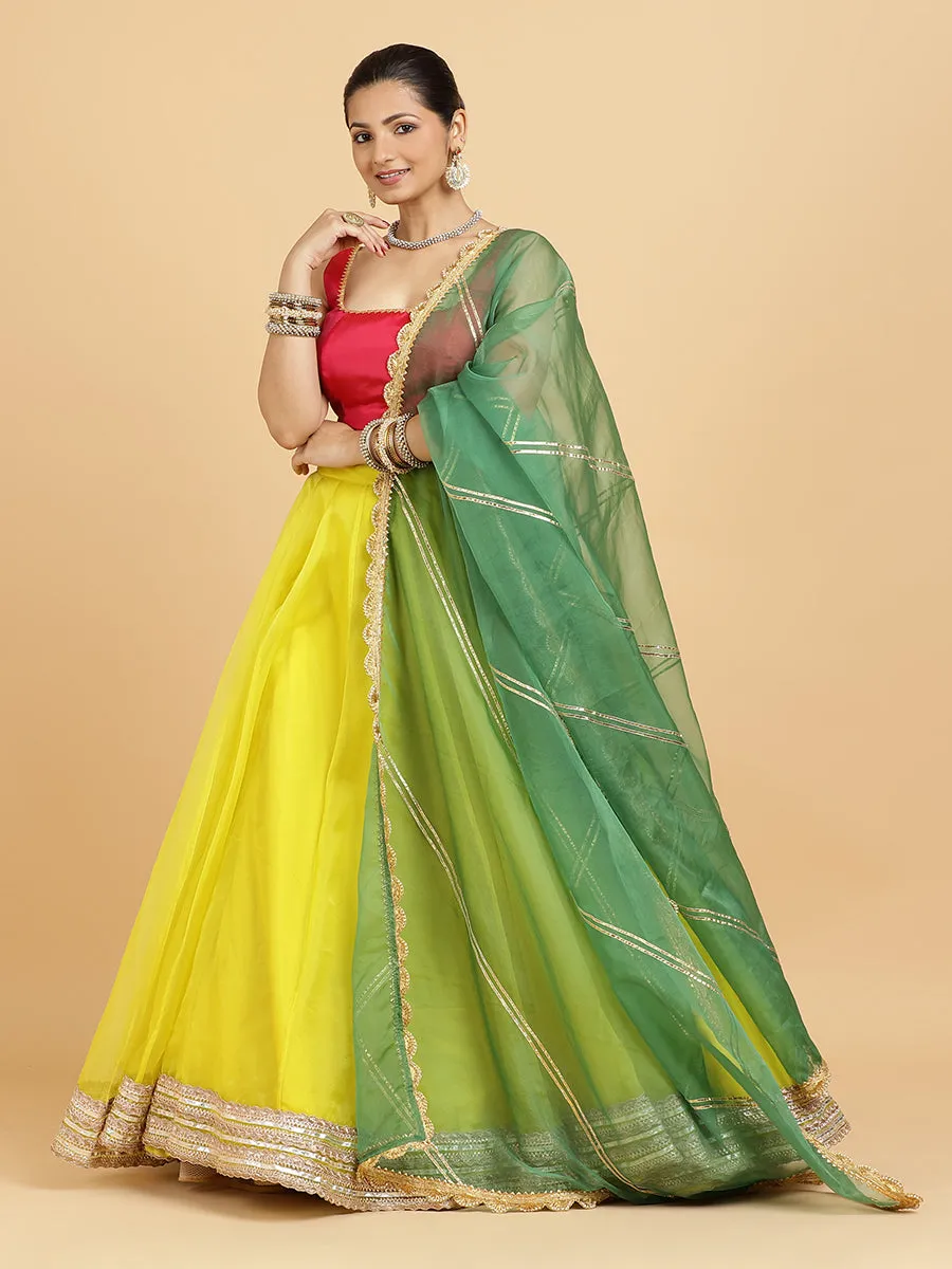 Farah Zeba 4-Pc Lehenga Set x Tyohaar | Lemon Yellow Lehenga, Rani Pink Blouse with Panna Emerald Green Dupatta and Cancan Skirt