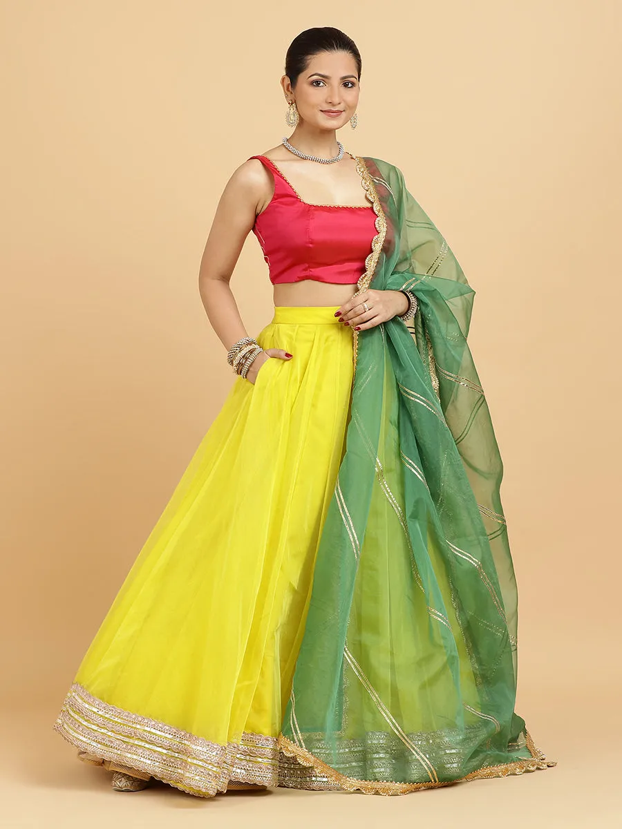 Farah Zeba 4-Pc Lehenga Set x Tyohaar | Lemon Yellow Lehenga, Rani Pink Blouse with Panna Emerald Green Dupatta and Cancan Skirt