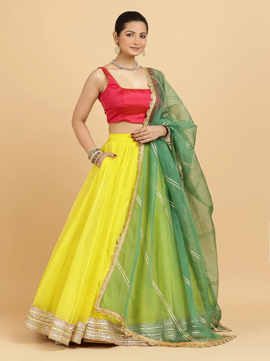 Farah Zeba 4-Pc Lehenga Set x Tyohaar | Lemon Yellow Lehenga, Rani Pink Blouse with Panna Emerald Green Dupatta and Cancan Skirt