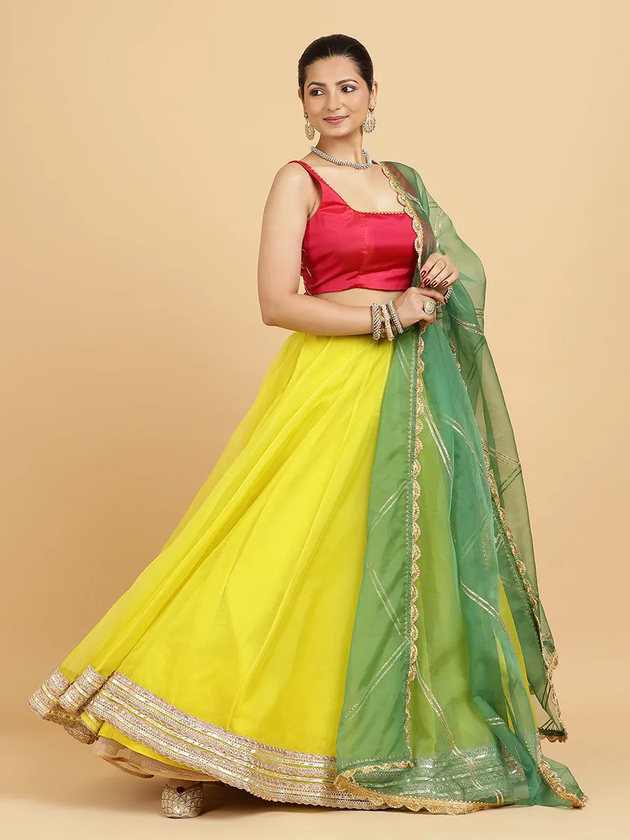 Farah Zeba 4-Pc Lehenga Set x Tyohaar | Lemon Yellow Lehenga, Rani Pink Blouse with Panna Emerald Green Dupatta and Cancan Skirt