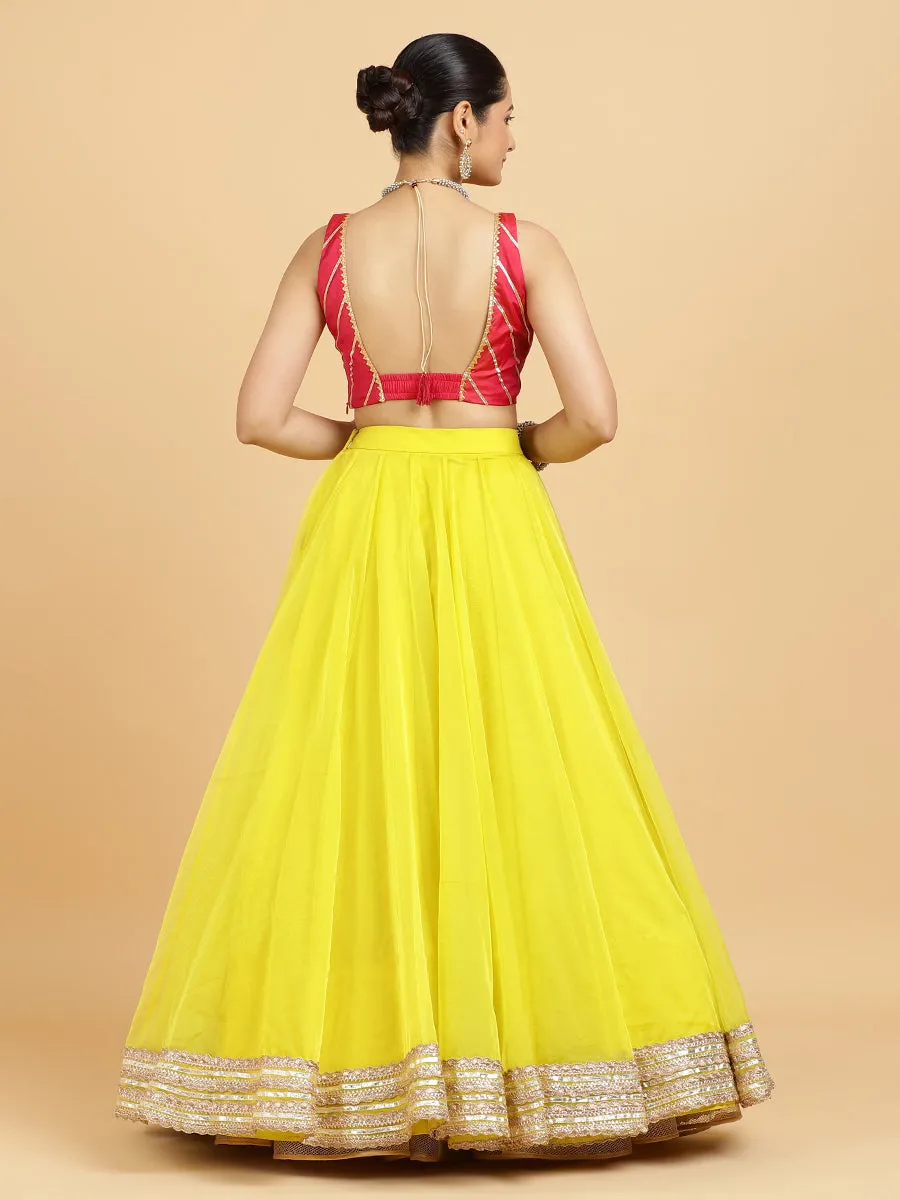 Farah Zeba 4-Pc Lehenga Set x Tyohaar | Lemon Yellow Lehenga, Rani Pink Blouse with Panna Emerald Green Dupatta and Cancan Skirt