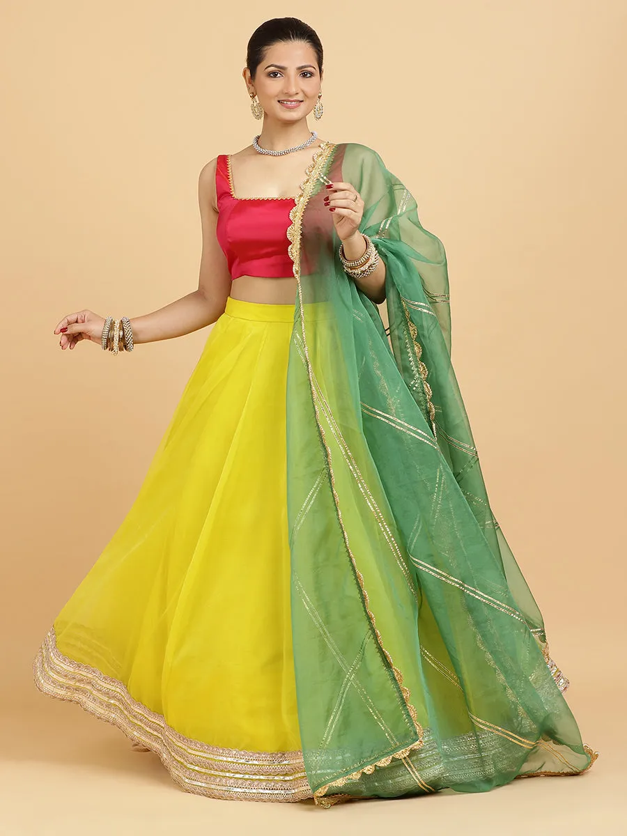 Farah Zeba 4-Pc Lehenga Set x Tyohaar | Lemon Yellow Lehenga, Rani Pink Blouse with Panna Emerald Green Dupatta and Cancan Skirt