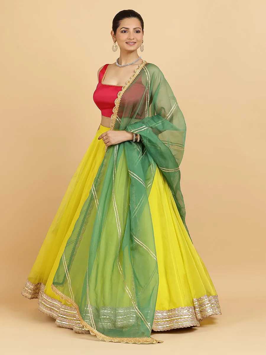 Farah Zeba 4-Pc Lehenga Set x Tyohaar | Lemon Yellow Lehenga, Rani Pink Blouse with Panna Emerald Green Dupatta and Cancan Skirt