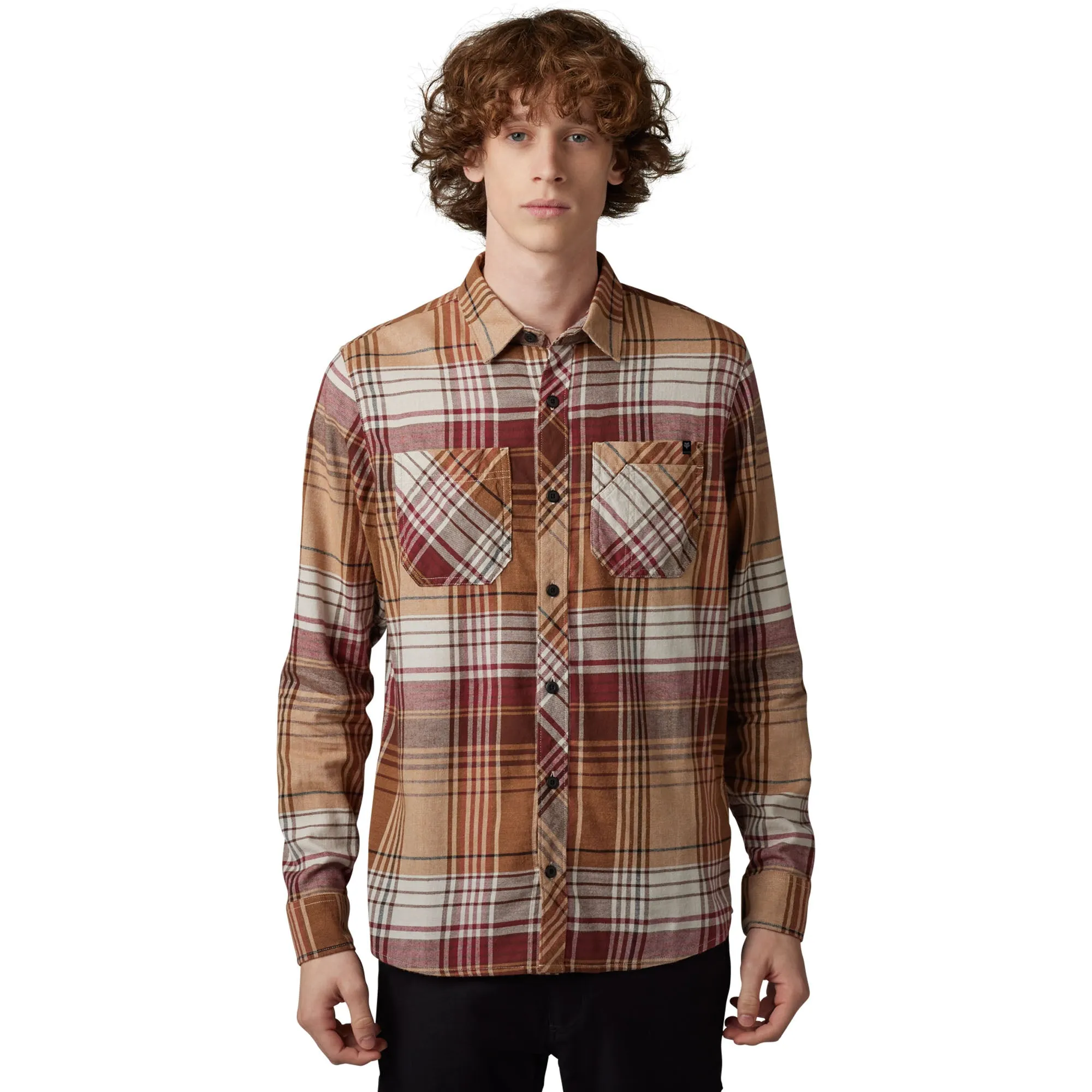 Fox Racing  Mens Turnout Utility Flannel Shirt Long Sleeve Pockets Stretch Cognac