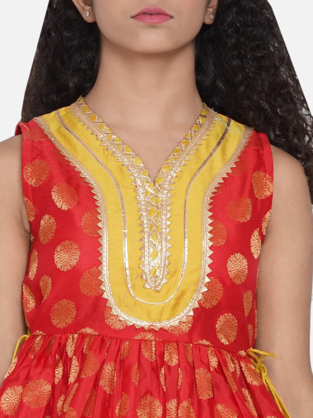 Girl's Red & Mustard Yellow Woven Design Gota Patti Ready to Wear Lehenga - NOZ2TOZ KIDS