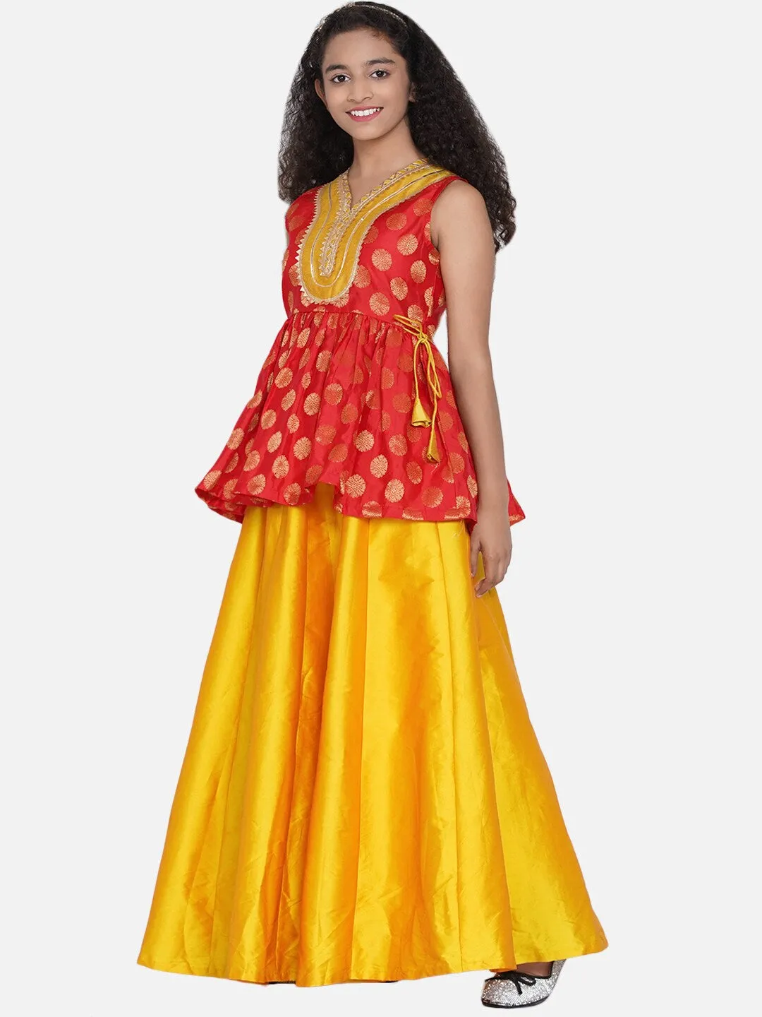 Girl's Red & Mustard Yellow Woven Design Gota Patti Ready to Wear Lehenga - NOZ2TOZ KIDS