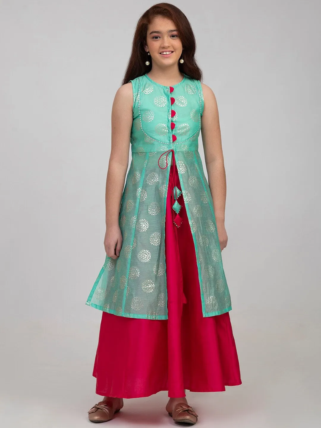 Girl's Sea Green & Pink Printed Foil Print Ready to Wear Lehenga Choli - NOZ2TOZ KIDS