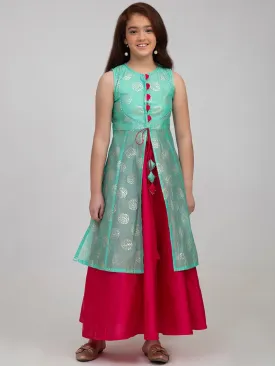 Girl's Sea Green & Pink Printed Foil Print Ready to Wear Lehenga Choli - NOZ2TOZ KIDS