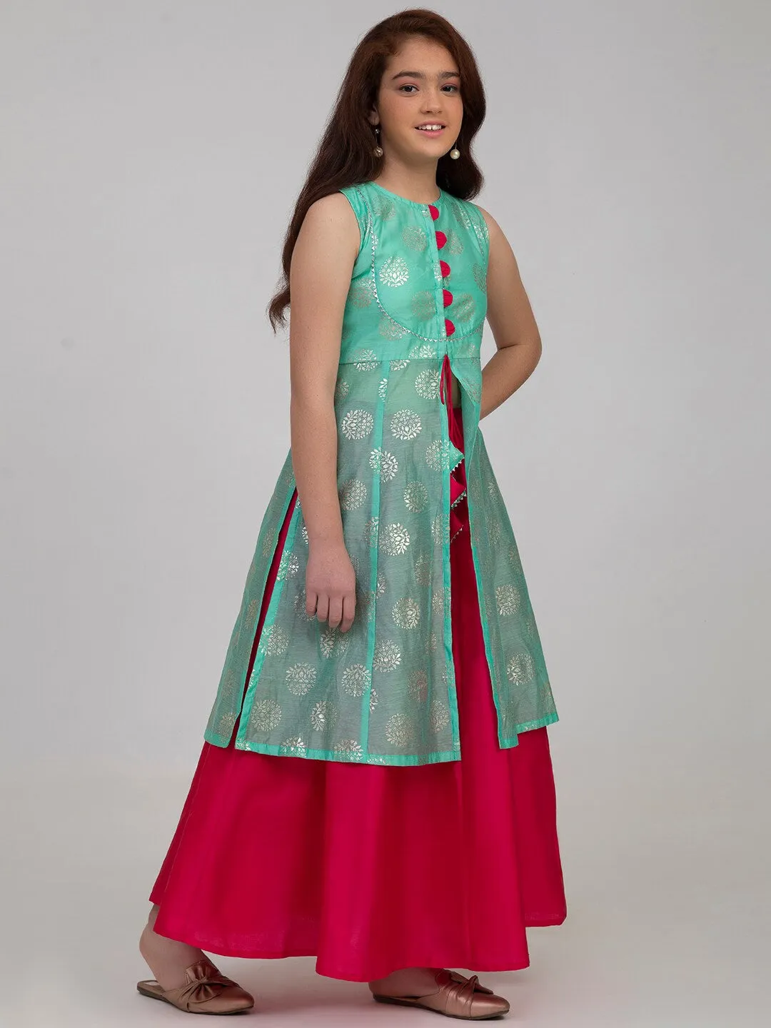 Girl's Sea Green & Pink Printed Foil Print Ready to Wear Lehenga Choli - NOZ2TOZ KIDS