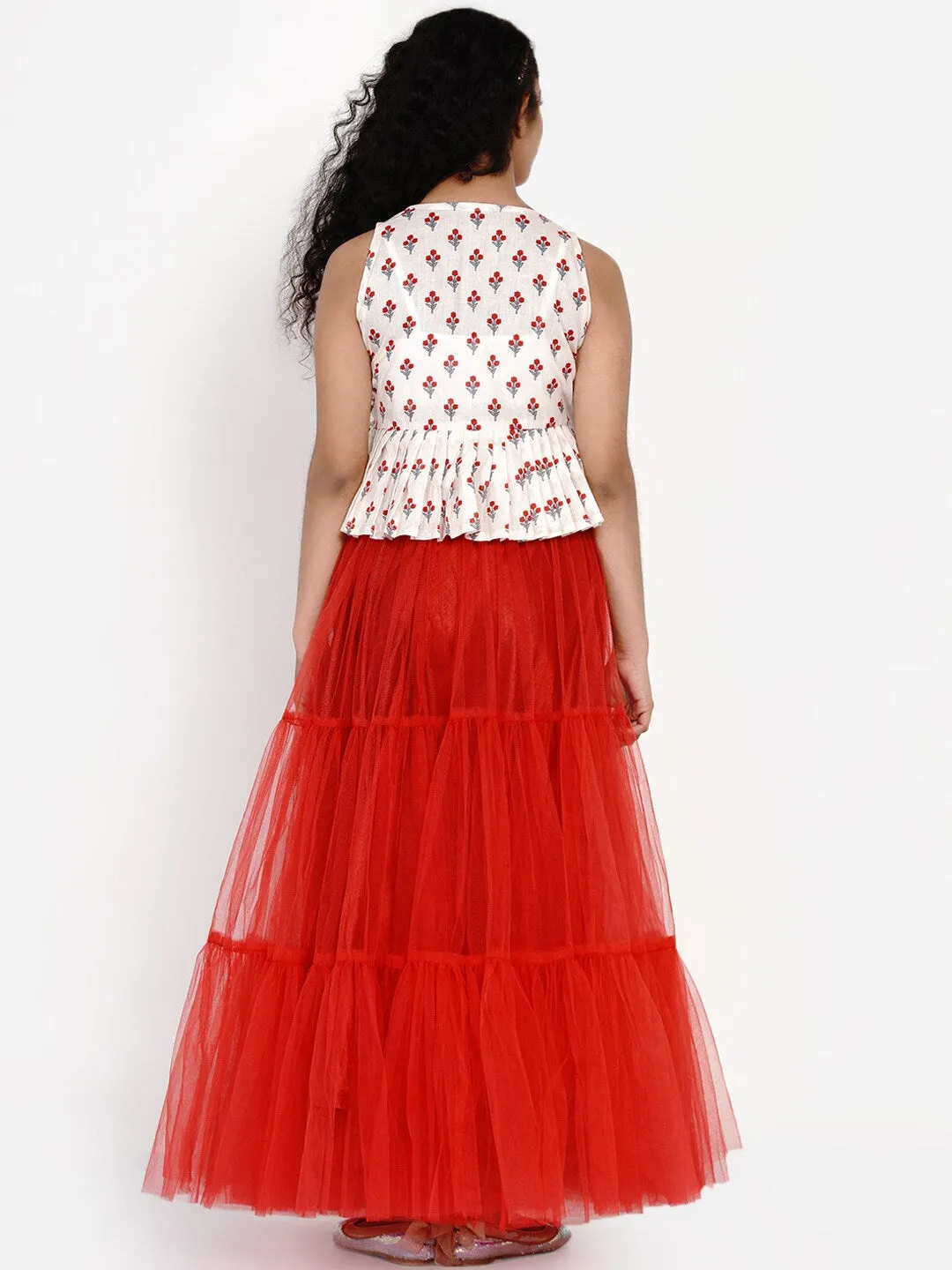 Girls White & Red Printed Ready To Wear Lehenga & Ready To Wear Choli