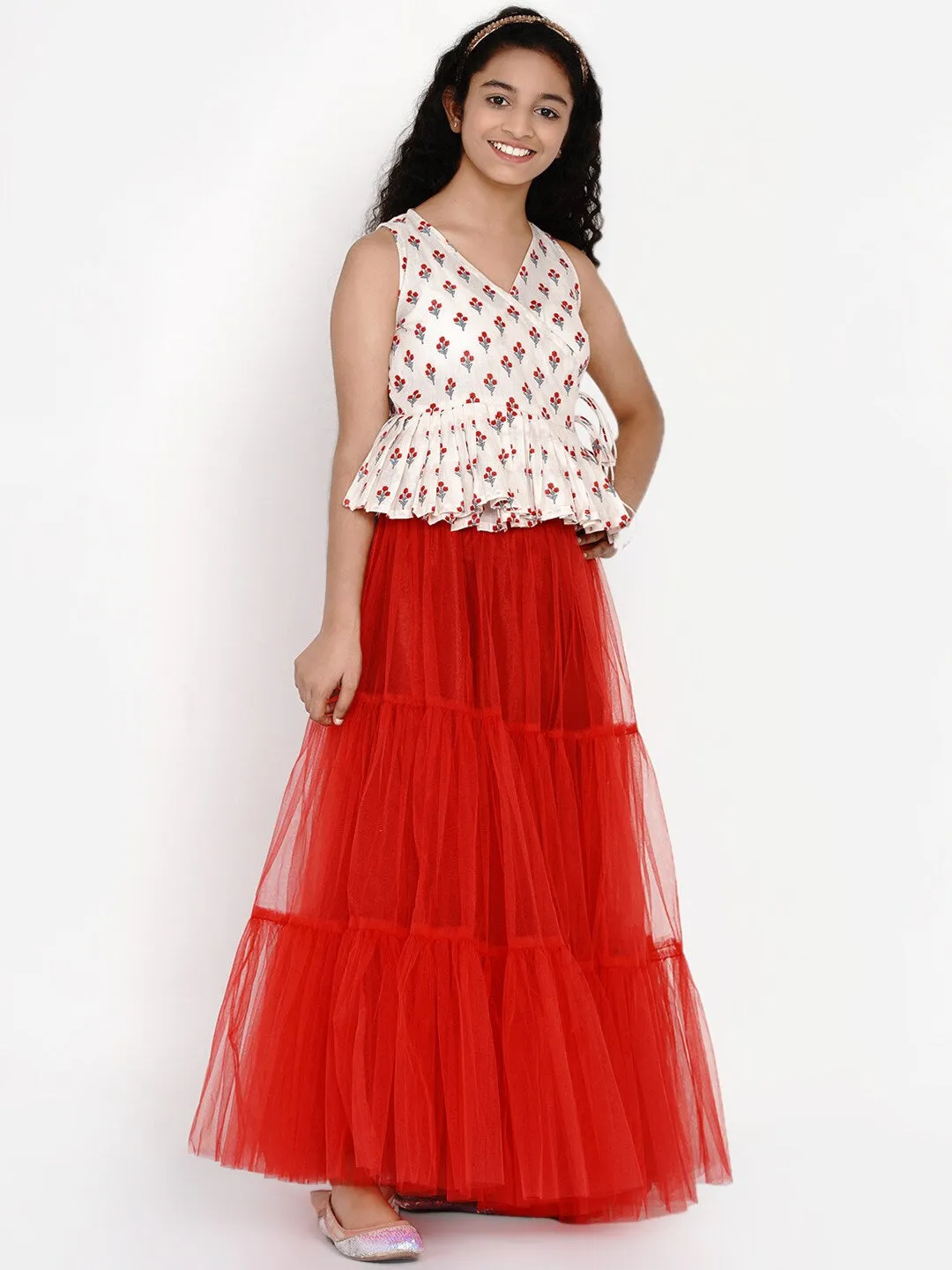 Girls White & Red Printed Ready To Wear Lehenga & Ready To Wear Choli