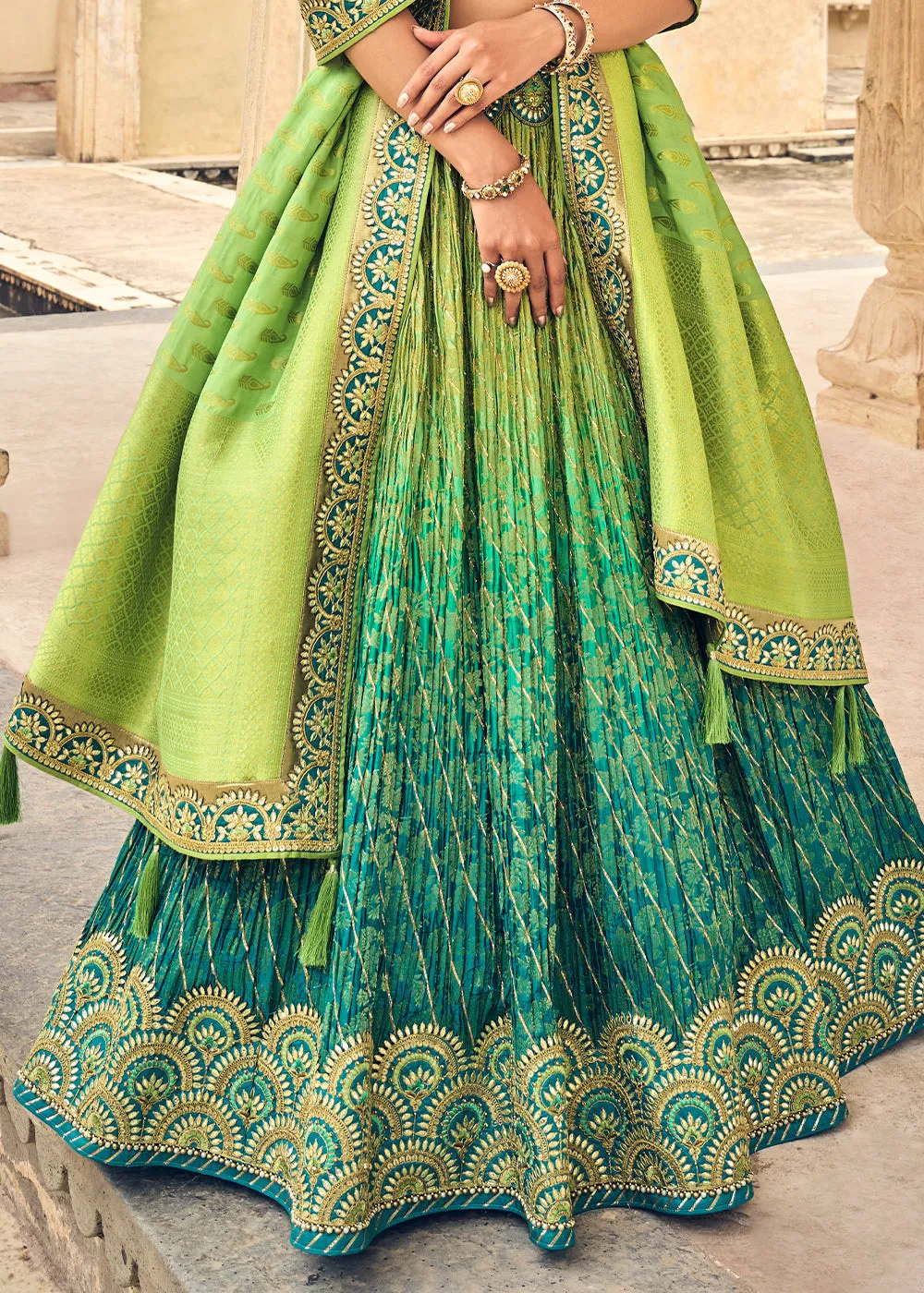 Green & Blue Banarasi Silk Lehenga Choli with Heavy Embroidery Work