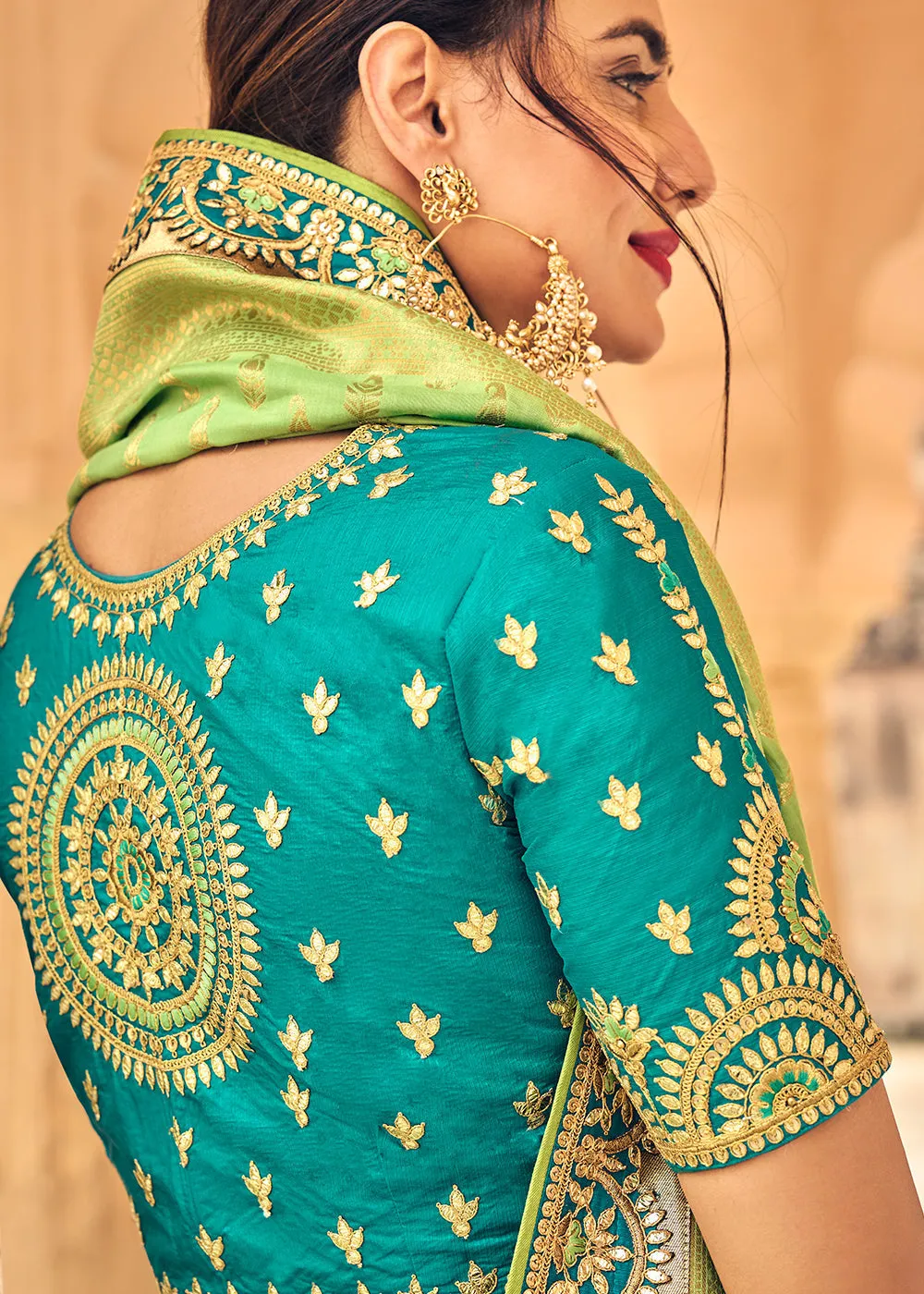 Green & Blue Banarasi Silk Lehenga Choli with Heavy Embroidery Work