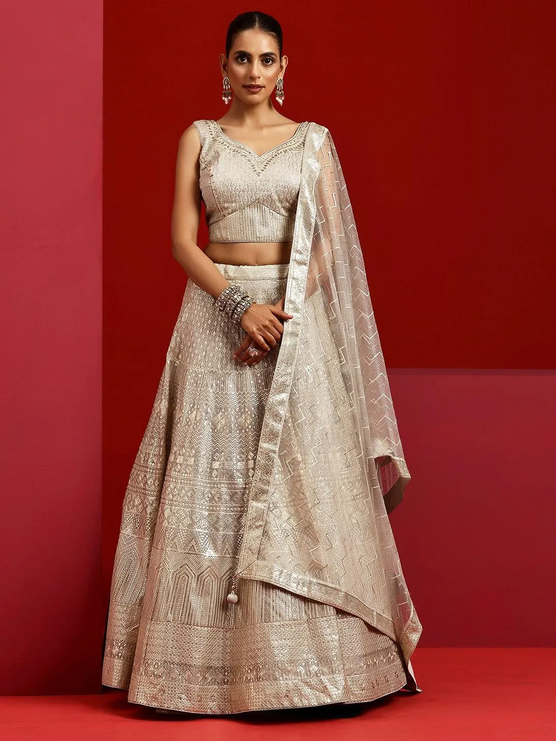 Jashvi Art Grey Embellished Silk Blend Lehenga Set