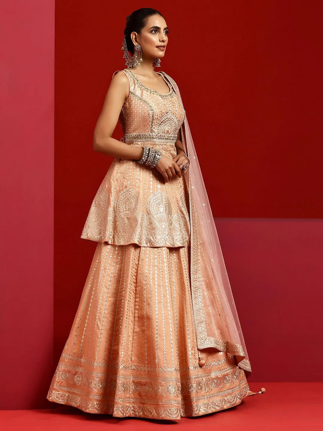 Jashvi Art Peach Embroidered Silk Blend Lehenga Set