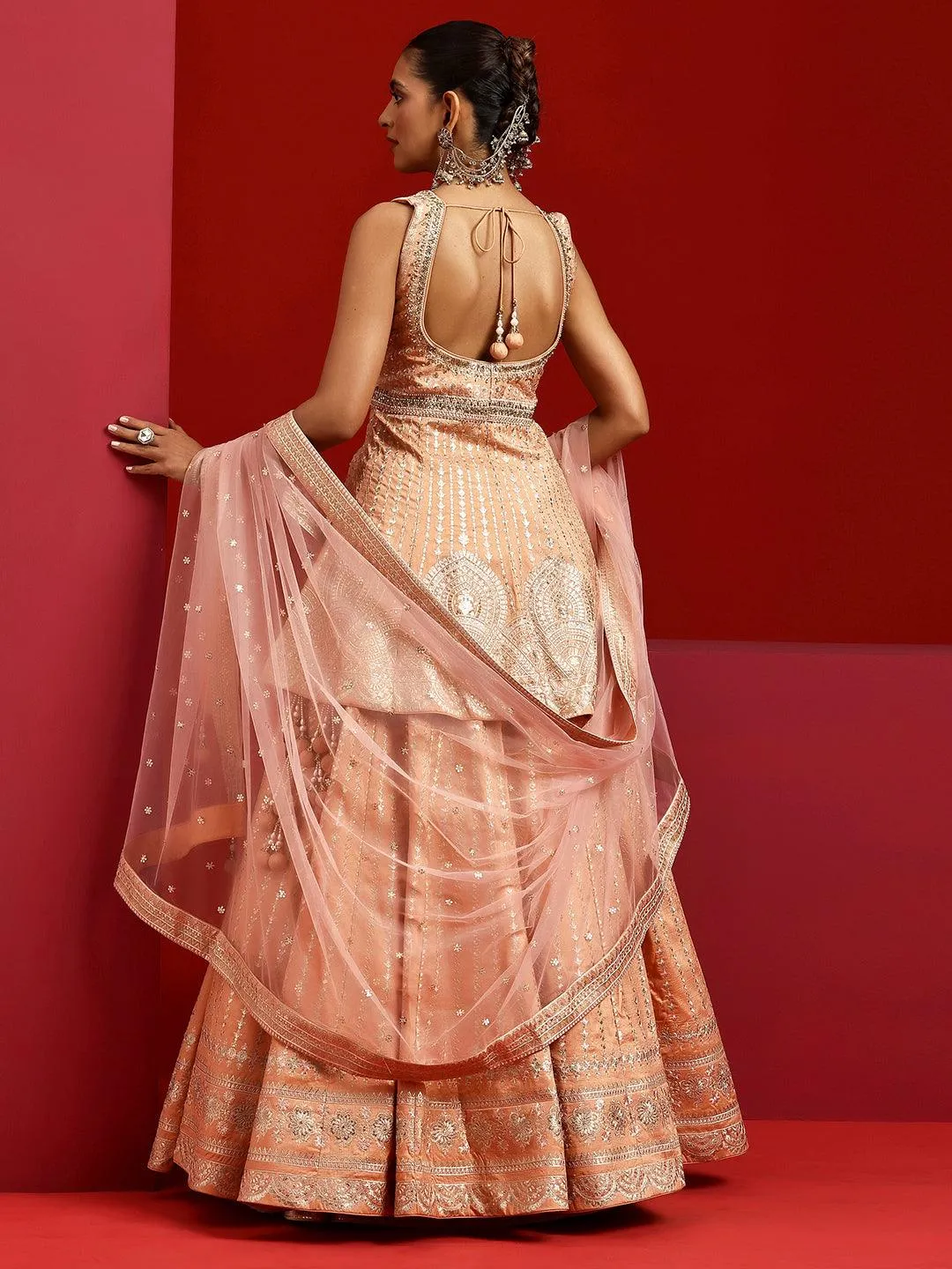 Jashvi Art Peach Embroidered Silk Blend Lehenga Set