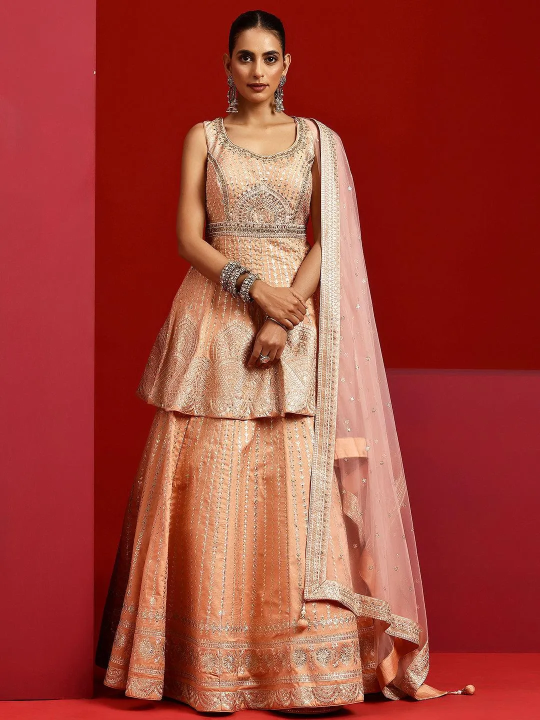 Jashvi Art Peach Embroidered Silk Blend Lehenga Set