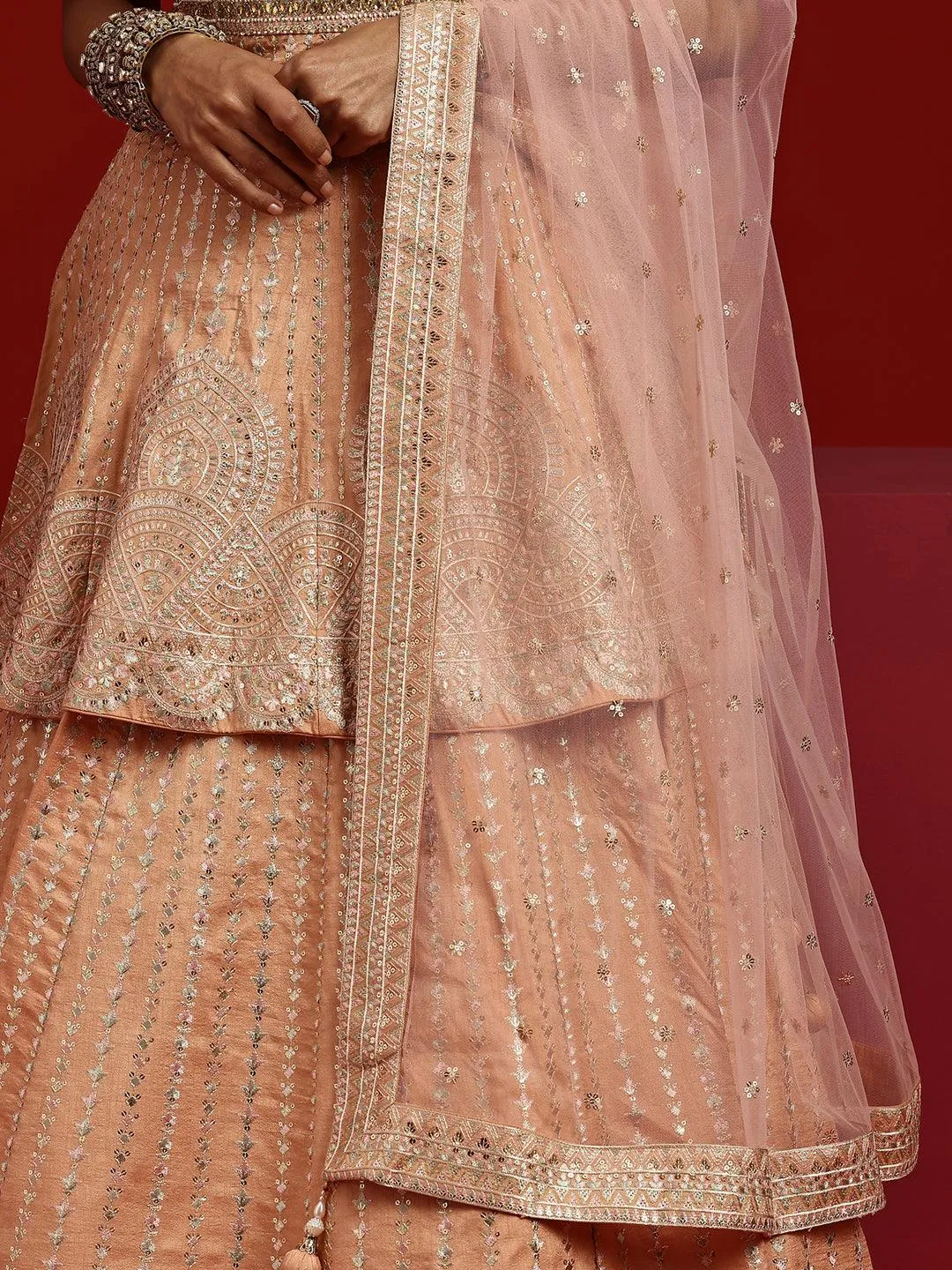 Jashvi Art Peach Embroidered Silk Blend Lehenga Set